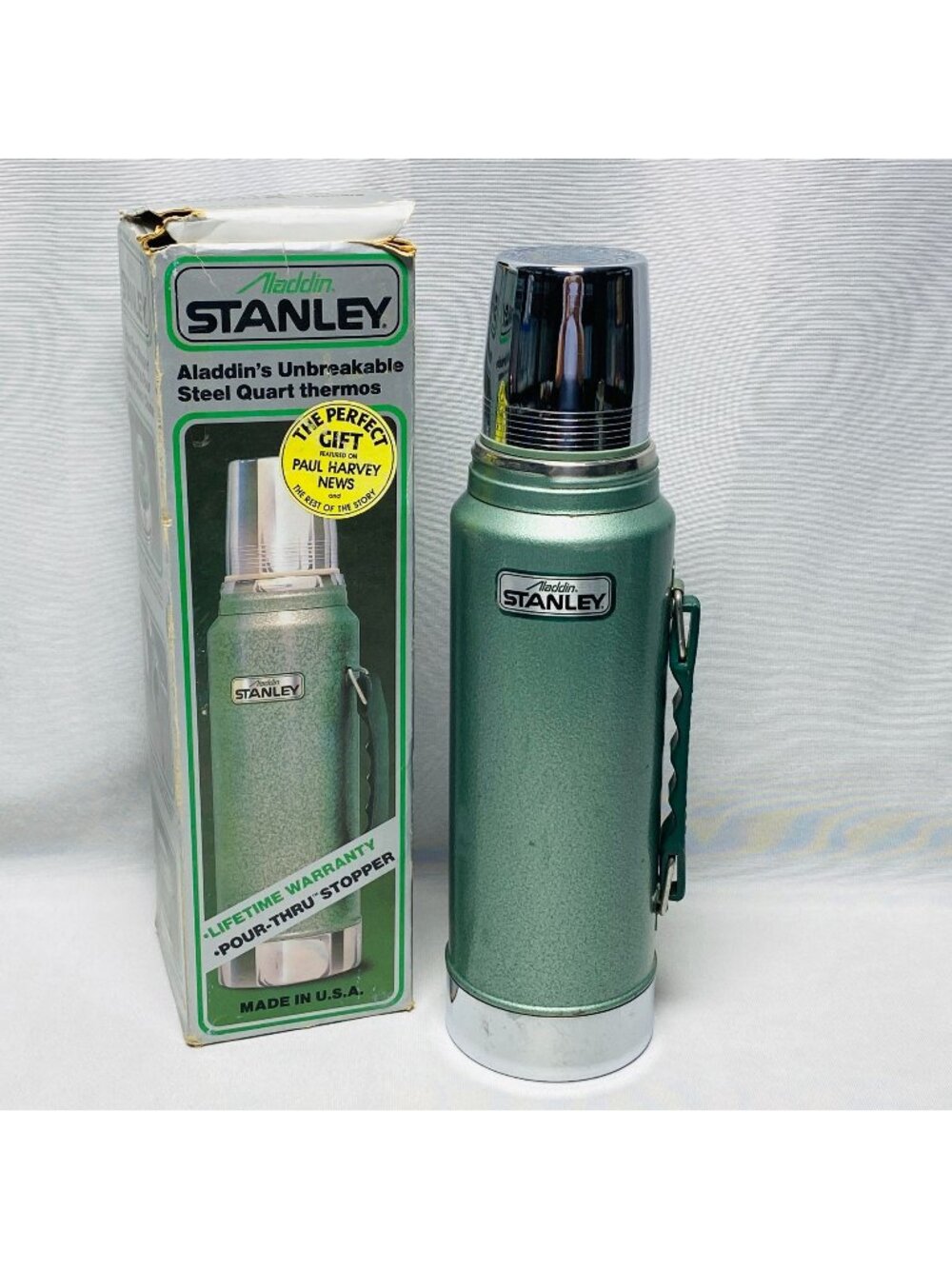 Aladdin Stanley Unbreakable Steel Quart Thermos Green Vintage USA Made With Box